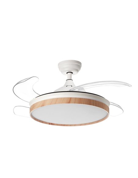 Ventilador de Techo LED BLANES blanco+madera Ø107mm DC 32W 4A 36W CCT+RC+dim con aspas retráctiles