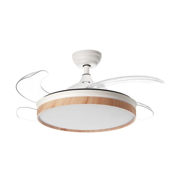 BLANES Ventilador de teto LED branco+madeira Ø107mm DC 32W 4A 36W CCT+RC+dim com lâminas retráteis