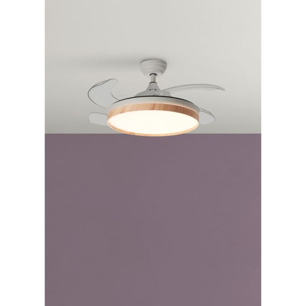 BLANES Ventilateur de Plafond LED blanc+bois Ø107mm DC 32W 4A 36W CCT+RC+dim avec pales rétractables
