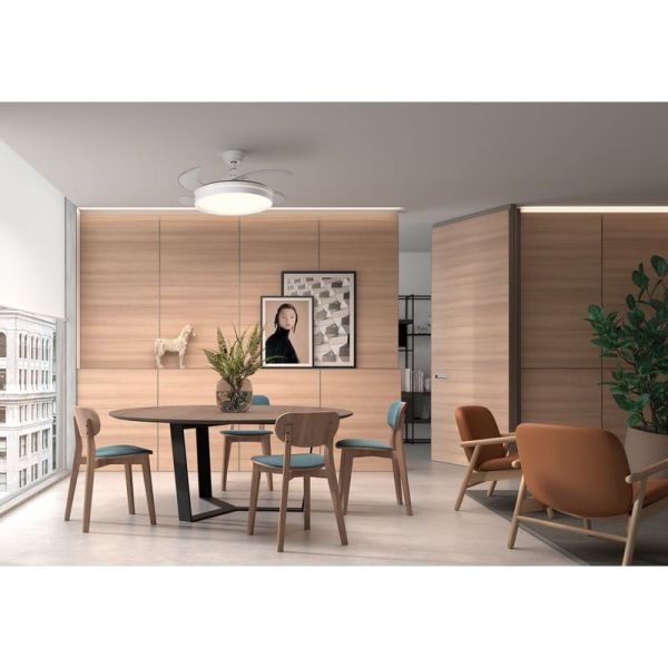 BLANES Ventilateur de Plafond LED blanc+bois Ø107mm DC 32W 4A 36W CCT+RC+dim avec pales rétractables