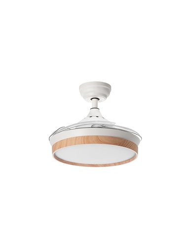 Ventilador LED de techo BLANES XS blanco+madera Ø915mm DC22W LED 24W CCT+RC+dim con aspas retráctiles