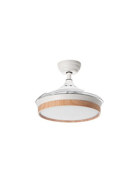 Ventilador LED de techo BLANES XS blanco+madera Ø915mm DC22W LED 24W CCT+RC+dim con aspas retráctiles