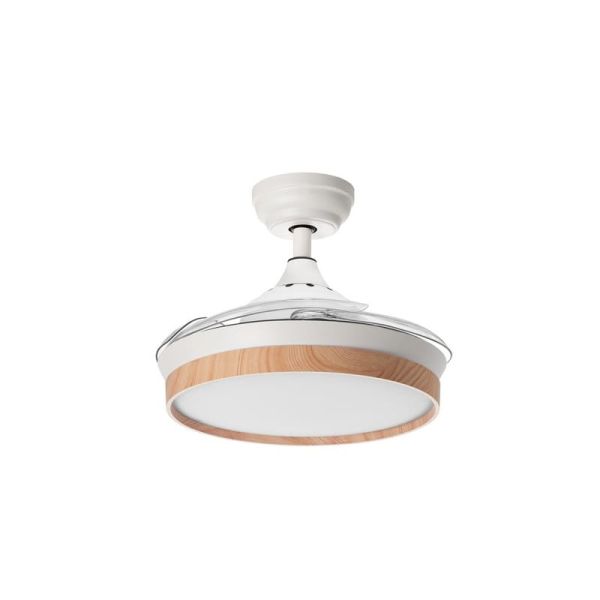 Ventilador LED de techo BLANES XS blanco+madera Ø915mm DC22W LED 24W CCT+RC+dim con aspas retráctiles