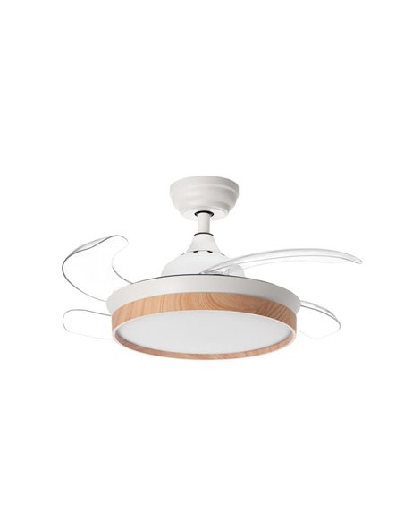 Ventilador LED de techo BLANES XS blanco+madera Ø915mm DC22W LED 24W CCT+RC+dim con aspas retráctiles