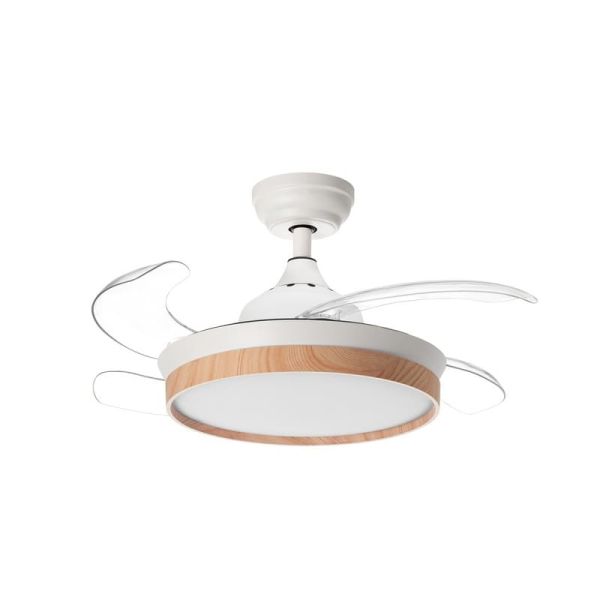 Ventilador LED de techo BLANES XS blanco+madera Ø915mm DC22W LED 24W CCT+RC+dim con aspas retráctiles
