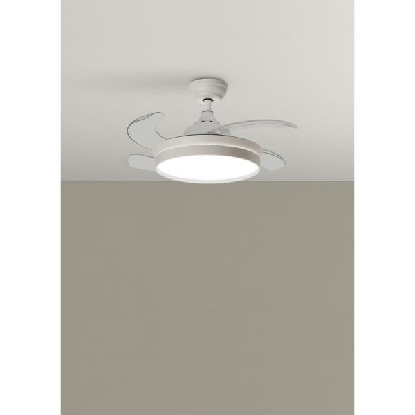 Ventilador LED de techo BLANES XS blanco+madera Ø915mm DC22W LED 24W CCT+RC+dim con aspas retráctiles