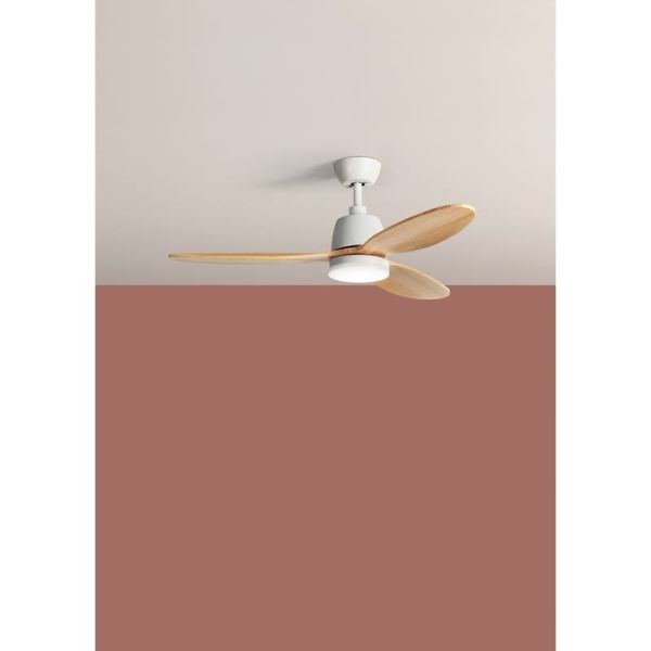 Ventilador de Techo LED 24W CCT SYDNEY blanco con aspas madera natural Ø119 DC 24W
