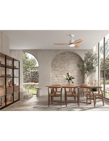 Ventilador de Techo LED 24W CCT SYDNEY blanco con aspas madera natural Ø119 DC 24W