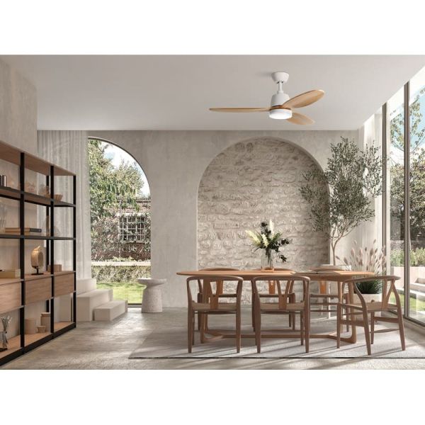 Ventilateur de plafond LED 24W CCT SYDNEY blanc avec pales en bois naturel Ø119 DC 24W