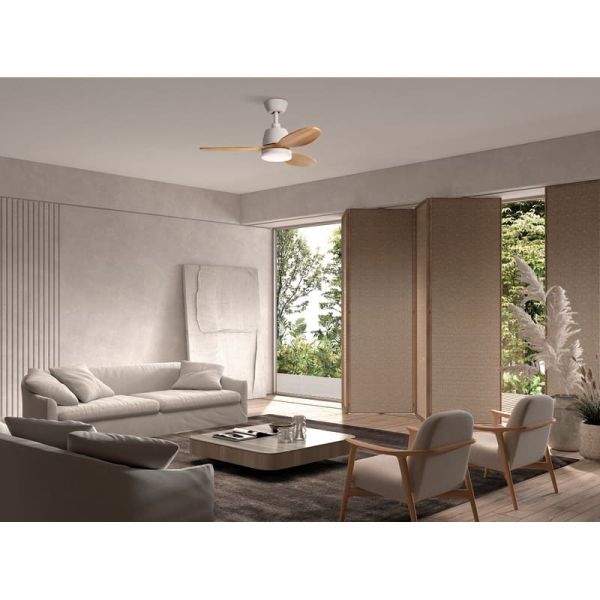 Ventilador de Techo con Luz LED 24W CCT SYDNEY XS blanco y madera natural Ø96 DC 18W 3Aspas