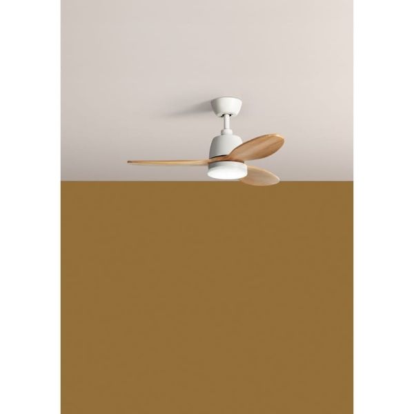 Ventilador de Techo con Luz LED 24W CCT SYDNEY XS blanco y madera natural Ø96 DC 18W 3Aspas