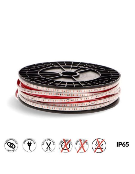 Fita de LED 220V AC SMD2835 Ecofast 10W/m IP65 - 50 metros máx. Linkável (3000K, 4500K, 6000K, Azul, Vermelho, Verde) Corte 10cm