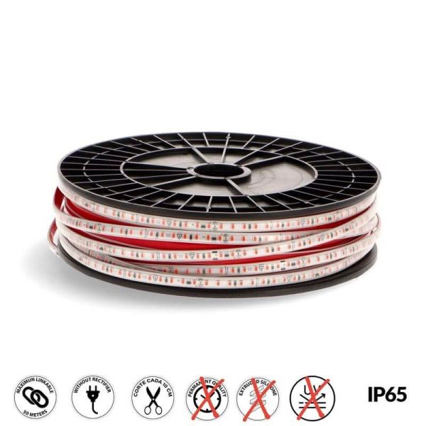 Bande LED 220V AC SMD2835 Ecofast 10W/m IP65 - 50 mètres max. Liaison possible (3000K, 4500K, 6000K, Bleu, Rouge, Vert) Coupe 10