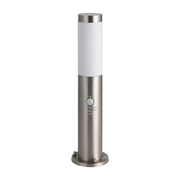 Baliza de pie exterior HELSINKI de acero inoxidable E27 con sensor, 450mm de altura Ø 75mm