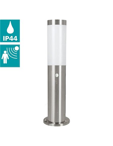 Baliza de pie exterior HELSINKI de acero inoxidable E27 con sensor, 450mm de altura Ø 75mm