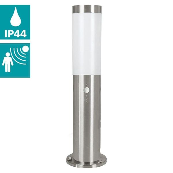 Baliza de pie exterior HELSINKI de acero inoxidable E27 con sensor, 450mm de altura Ø 75mm