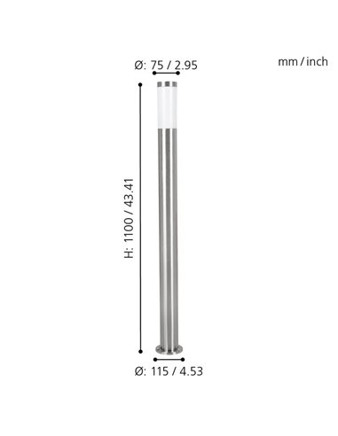 Baliza alta de exterior HELSINKI de acero inoxidable 1100mm altura Ø75mm E27 IP65