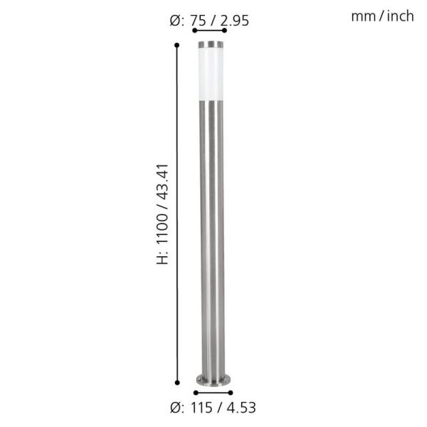 Baliza alta de exterior HELSINKI de acero inoxidable 1100mm altura Ø75mm E27 IP65