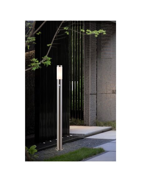 Baliza alta de exterior con sensor de movimiento HELSINKI de acero inoxidable 1100mm altura Ø75mm E27 IP65