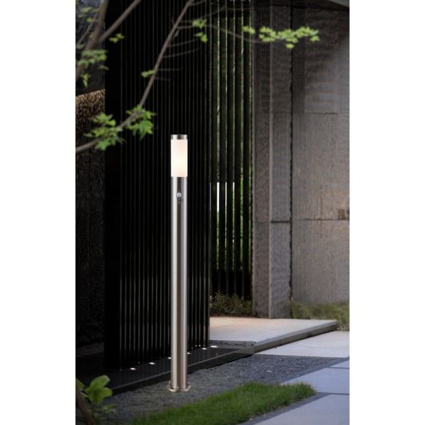 Baliza alta de exterior con sensor de movimiento HELSINKI de acero inoxidable 1100mm altura Ø75mm E27 IP65