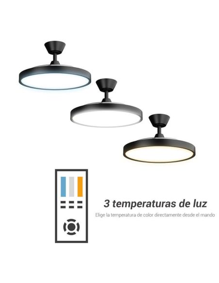 Ventilador de teto moderno BOMBAY STYLE M - Design com lâminas retráteis e luz LED preta Nature Wind 3 temperaturas de cor