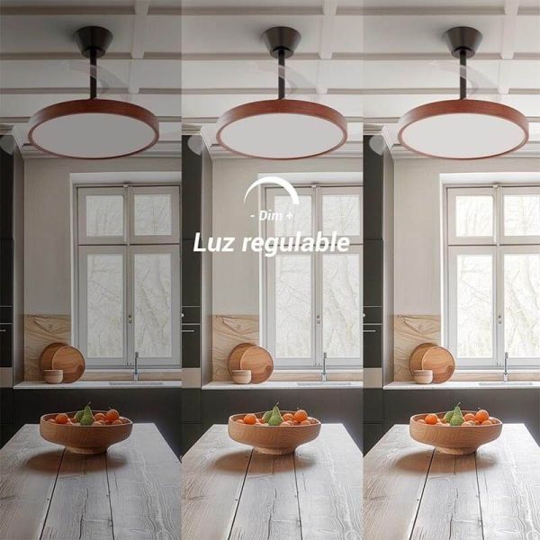 Regulable Ventilador de Techo Nogal con aspas Retráctiles BOMBAY ESTILO S con Luz LED Regulable, Marrón Nogal y Negro Sulion