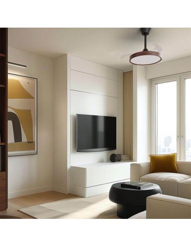 Salon avec ventilateur de plafond en noyer avec pales rétractables BOMBAY S STYLE avec lumière LED à intensité variable, marron 