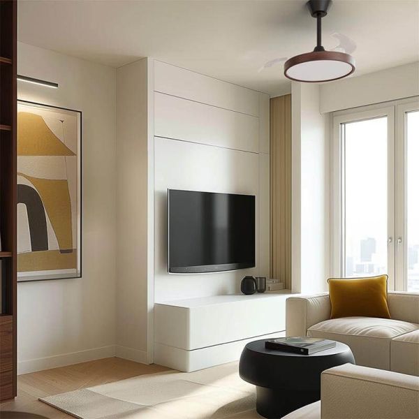 Sala com Ventilador de Teto em Nogueira com Lâminas Retráteis BOMBAY S STYLE com Luz LED Regulável, Marrom Nogueira e Preto Suli