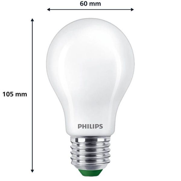 Dimensions Ampoule LED opaque A60 ultra efficace 4 W - 60 W E27 Classe énergétique A Philips 4000k | LéonLeds