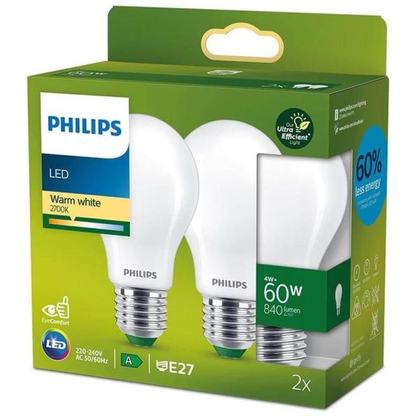 Pack de 2 Ampoules LED Opaques A60 ultra performantes 4W - 60W E27 Label Énergétique Classe A