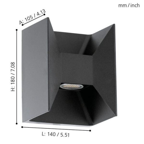 Aplique de Pared LED Cuadrado Luz Arriba y Abajo MORINO negro, 2x2,5W 3000K IP44