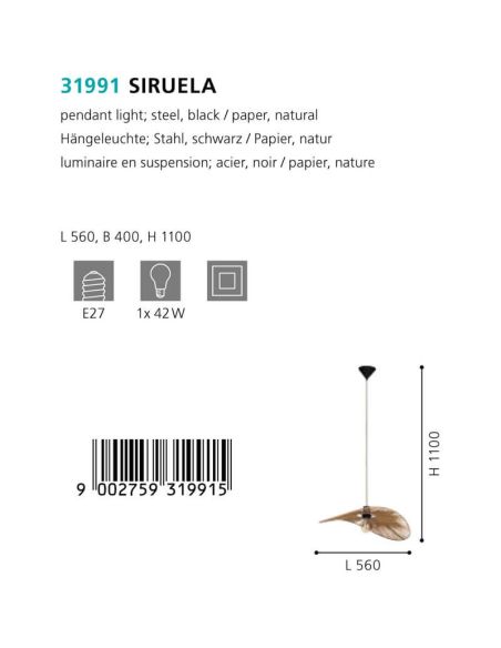 Lámpara Colgante de Diseño Natural con Pantalla Fibra Natural y Estructura de Acero Negro - Pantalla Pamela de 56Cm