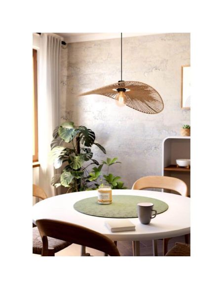 Candeeiro suspenso de design natural com abajur de fibra natural e estrutura de aço preto - abajur Pamela 56Cm