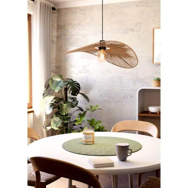 Lampe à Suspension Design Naturel avec Abat-Jour en Fibre Naturelle et Structure en Acier Noir - Abat-jour Pamela 56Cm