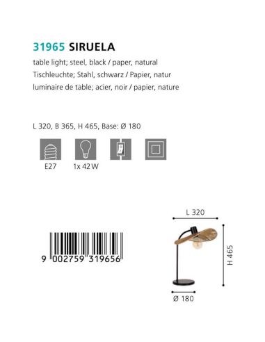 Lámpara de Mesa SIRUELA en Acero Negro con Pantalla de Papel Natural - Compatible con E27 31965 Eglo