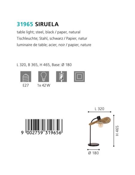Lámpara de Mesa SIRUELA en Acero Negro con Pantalla de Papel Natural - Compatible con E27 31965 Eglo