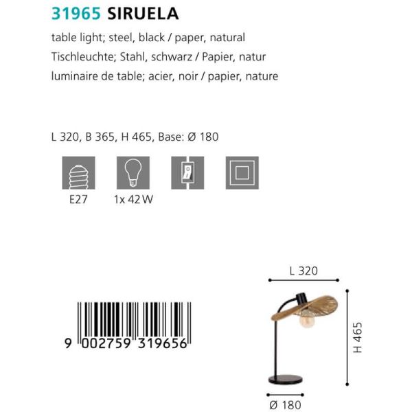 Lampe de Table SIRUELA en Acier Noir avec Abat-Jour en Papier Naturel - Compatible E27 31965 Eglo