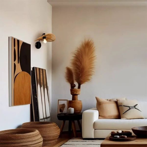 Lámpara de Pared SIRUELA en Acero Negro y Fibras Naturales - Compatible con E27 con Pantalla Pamela 31964