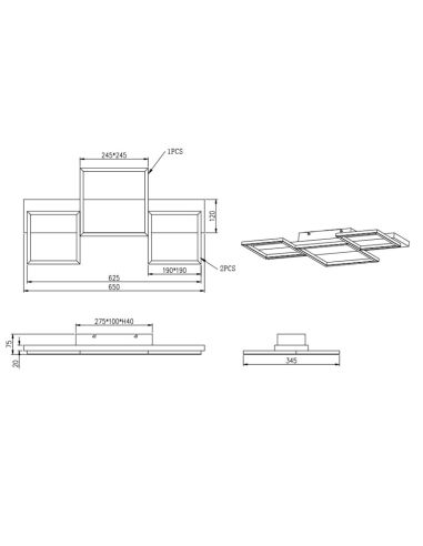Dimensões Plafon LED Harper madeira e metal vários tamanhos preto fosco 30W 3000K 622910332