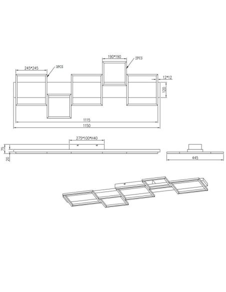 Medidas Harper preto fosco LED madeira e metal teto 42W 3000K 5.700Lm 622910532