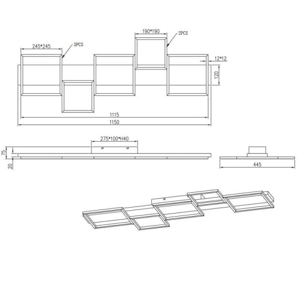 Medidas Plafón LED de madera y metal Harper negro mate 42W 3000K 5.700Lm  622910532