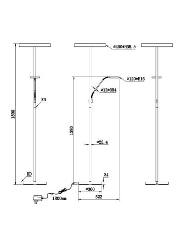 Dimensões Candeeiro de pé LED WILLIS na cor preta, com design moderno e eficiente.