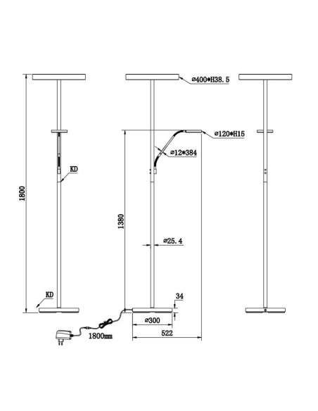 Dimensões Candeeiro de pé LED WILLIS com acabamento Níquel Mate, design moderno e eficiente.