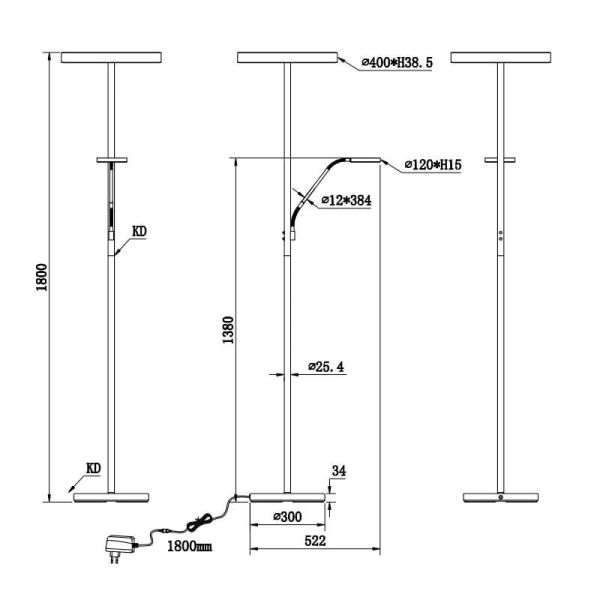 Dimensões Candeeiro de pé LED WILLIS com acabamento Níquel Mate, design moderno e eficiente.