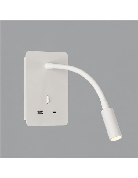 Aplique LED lector SENDA 3W 3000K 285lm blanco texturado, orientable, con interruptor, con USB y USBC