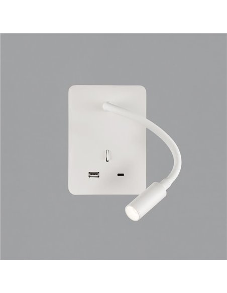 Leitor de luminária de parede LED SENDA 3W 3000K 285lm branco texturizado, ajustável, com interruptor, com USB e USBC