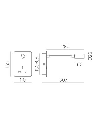 Leitor de luminária de parede LED SENDA 3W 3000K 285lm branco texturizado, ajustável, com interruptor, com USB e USBC