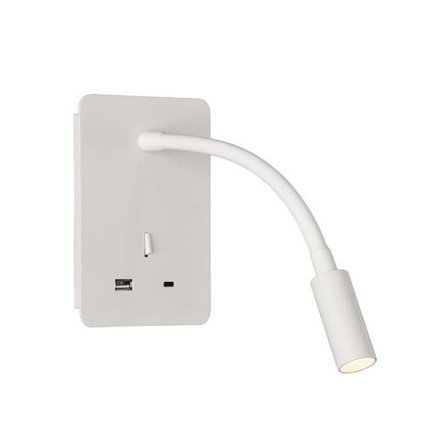 Lecteur d'applique murale LED SENDA 3W 3000K 285lm blanc texturé, orientable, avec interrupteur, avec USB et USBC
