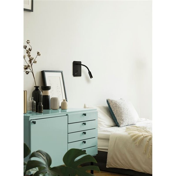 Liseuse LED SENDA 3W 3000K 285lm noir texturé, orientable, avec interrupteur, avec USB et USBC