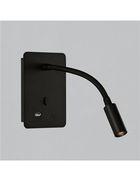 Aplique lector LED SENDA 3W 3000K 285lm negro texturado, orientable, con interruptor, con USB y USBC